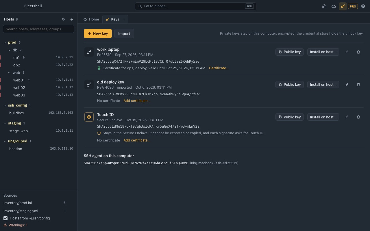 The keys tab: keys made in the app, a certificate, and the system agent's keys