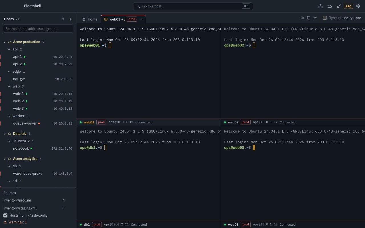 A terminal tab split in two: a production host and a staging host
