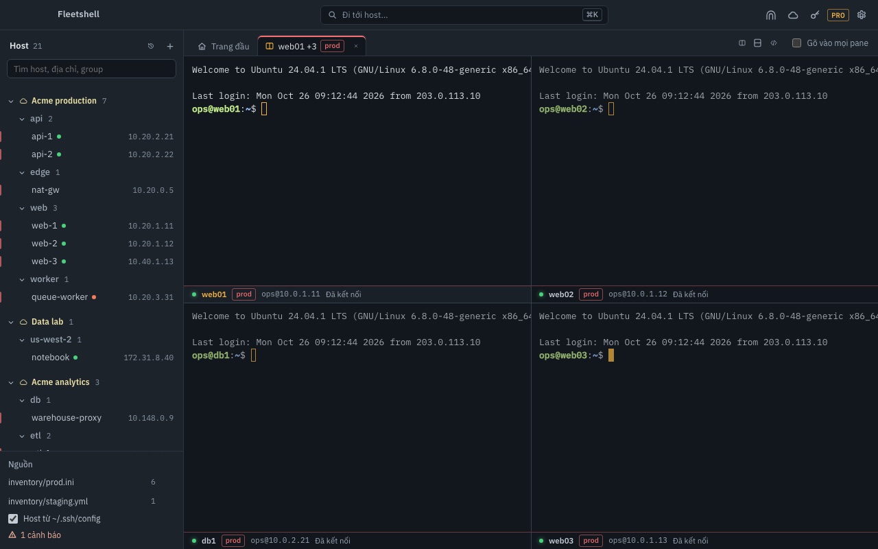 Một tab terminal chia đôi: host production và host staging